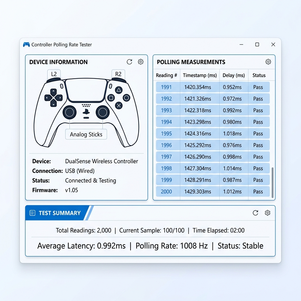 Polling rate test dashboard showing live Hz results