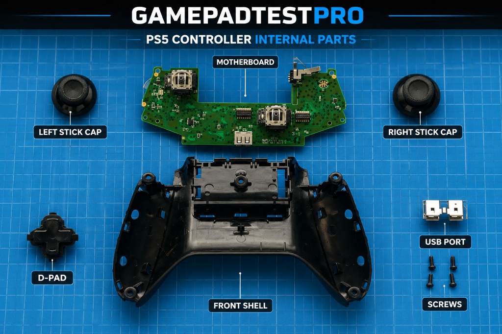 PS5 controller internal parts including motherboard analog sticks USB port and screws