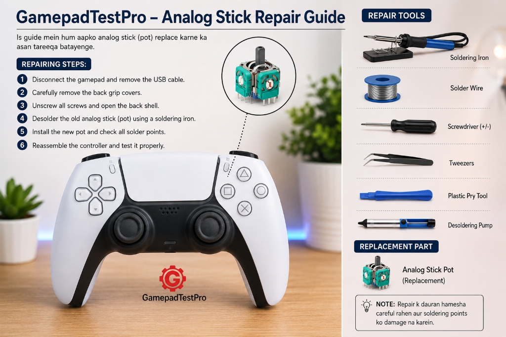 PS5 stick drift repair guide showing analog stick replacement tools and repair process
